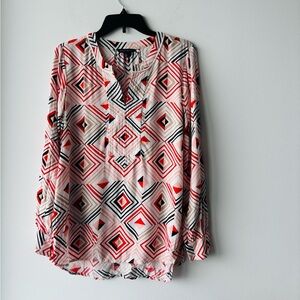 Tommy Hilfiger Top Popover Split Neck Geometric Roll Tab Womens S Artsy Retro